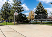 Thumbnail 6 of 22 - A basketball court surrounded by a fence with trees in the background.