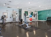 Thumbnail 15 of 41 - A gym with a variety of equipment including weights and exercise balls.