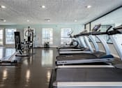 Thumbnail 13 of 41 - A gym with treadmills and elliptical machines.