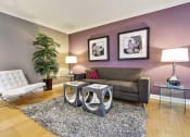 Thumbnail 6 of 23 - a living room with purple walls and a couch