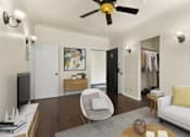 Thumbnail 5 of 13 - A living room with a white couch, a chair, and a coffee table.