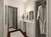 Thumbnail 10 of 25 - A white bathroom with a mirror, sink, and robe hanging.