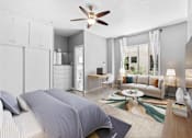 Thumbnail 5 of 13 - A bedroom with a bed, a ceiling fan, and a window with curtains.
