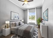 Thumbnail 6 of 13 - A bedroom with a bed, nightstand, and a ceiling fan.
