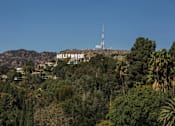 Thumbnail 13 of 13 - The Hollywood sign is seen on a hill with trees and a tower in the background.