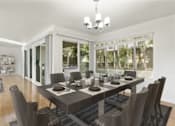 Thumbnail 23 of 27 - A modern dining room with a large table and chairs.