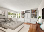Thumbnail 27 of 27 - A bedroom with a large bed, a bookshelf, and a window with blinds.