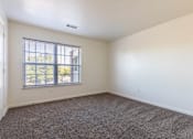Thumbnail 27 of 33 - A room with a carpeted floor and a window with blinds.