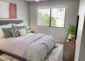 Thumbnail 29 of 39 - a bedroom with gray walls and a large window