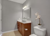 Thumbnail 36 of 37 - a small bathroom with gray walls and a white toilet | Centerpointe Apartments in Camp Hill