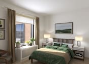 Thumbnail 60 of 67 - Apartments in Lancaster | a rendering of a bedroom with a bed and a window