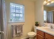 Thumbnail 43 of 58 - A bathroom with a toilet, sink, and a window with a towel hanging on the wall.