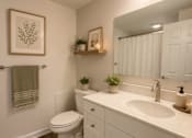 Thumbnail 43 of 48 - A bathroom with a toilet, sink, and mirror.