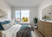 Thumbnail 65 of 67 - A bedroom with a large bed, a window with a view of the city, and a wooden dresser.