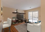 Thumbnail 6 of 10 - A living room with a white couch, a television, and a chair.