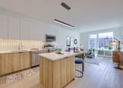 Thumbnail 54 of 67 - A modern kitchen with wooden cabinets and a bar stool.