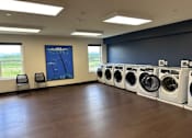 Thumbnail 14 of 19 - A room with a row of washing machines and a painting on the wall.