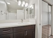 Thumbnail 17 of 48 - A bathroom with a sink, mirror, and wooden floor.
