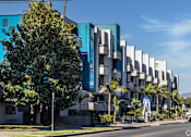 Thumbnail 37 of 54 - a large blue building with a tree in front of it