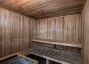 Thumbnail 36 of 54 - a wooden sauna with two benches and a grate