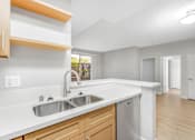 Thumbnail 21 of 30 - A kitchen with a sink and a dishwasher.