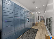 Thumbnail 22 of 23 - A long hallway with a row of blue lockers on the left and a row of white lockers on the right.
