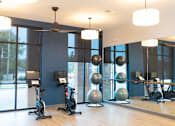 Thumbnail 13 of 20 - A gym with a row of exercise bikes and a row of silver balls.