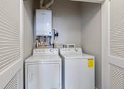 Thumbnail 14 of 16 - A small laundry room with a washer and dryer.