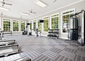 Thumbnail 22 of 28 - A gym with treadmills, weights, and exercise equipment.