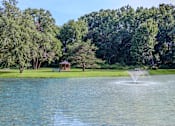 Thumbnail 1 of 27 - A fountain in the middle of a lake surrounded by trees.