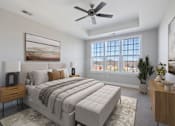 Thumbnail 4 of 12 - A bedroom with a large bed, a ceiling fan, and a painting on the wall.
