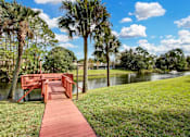 Thumbnail 30 of 34 - A wooden bridge over a body of water with palm trees in the background.