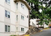 Thumbnail 3 of 5 - A white building with a yellow curb in front of it.