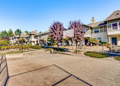 Thumbnail 14 of 24 - A basketball court is surrounded by a fence and apartment buildings.
