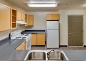 Thumbnail 17 of 33 - A kitchen with a stove, refrigerator, and sink.