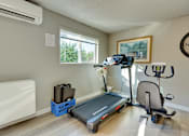 Thumbnail 16 of 17 - A room with a treadmill, a stationary bike, and a weight rack.