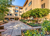 Thumbnail 2 of 18 - A courtyard with a bench and a tree in front of a building.