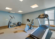 Thumbnail 12 of 27 - A spacious gym with treadmills, elliptical machines, and a stationary bike.