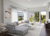 Thumbnail 8 of 34 - a living room with a gray couch and a coffee table