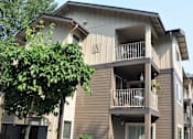 Thumbnail 7 of 27 - Apartment building with balconies and a tree in front.