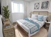 Thumbnail 6 of 6 - A bedroom with a bed, a nightstand, and a plant.
