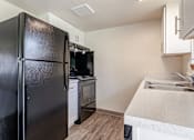 Thumbnail 13 of 19 - A black refrigerator stands in a kitchen with a sink and stove.