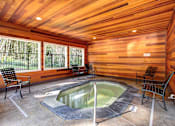 Thumbnail 16 of 18 - A hot tub in a wooden room with chairs around it.