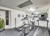 Thumbnail 6 of 9 - A gym with treadmills and elliptical machines.