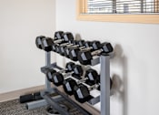 Thumbnail 7 of 19 - the weights rack in the corner of a room with weights on it