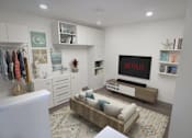 Thumbnail 4 of 6 - A living room with a Netflix sign on the TV.