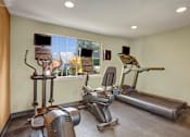 Thumbnail 9 of 16 - A home gym with a treadmill, elliptical trainer, and other exercise equipment.