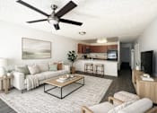 Thumbnail 8 of 20 - photo of living room with couches rug, table, ceiling fan and background of kitchen