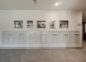 Thumbnail 45 of 50 - Resident mailroom at The Dorset with organized wall of individual mailboxes and decorative wall art