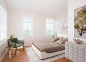 Thumbnail 10 of 20 - a bedroom with a bed and a dresser and three windows